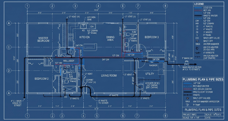 A blueprint of a home showing plumbing layout and pipe sizes.