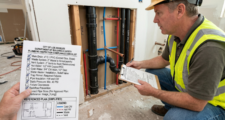 A plumbing inspection in progress with a government compliance checklist visible