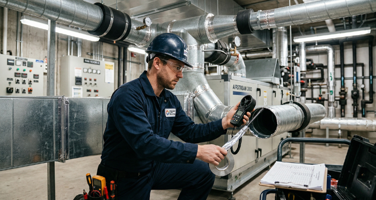 Technician analyzing airflow and duct connections inner image 2