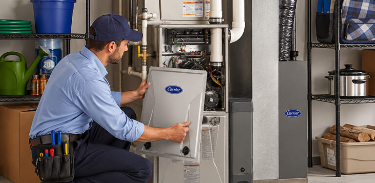 HVAC technician in a blue uniform opening a Carrier gas furnace access panel during annual furnace maintenance Saskatoon service.