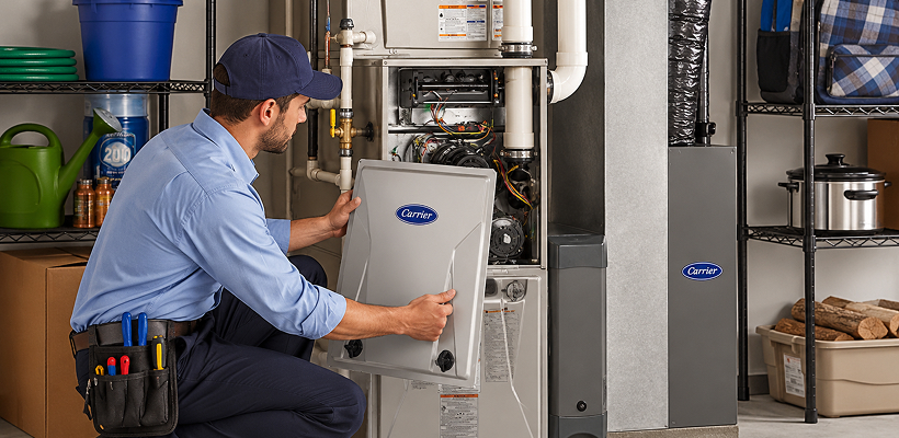 HVAC technician in a blue uniform opening a Carrier gas furnace access panel during annual furnace maintenance Saskatoon service.